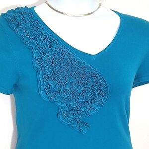 Cable & Gauge Embellished V-Neck Short Sleeve Sweater Top Turquoise M